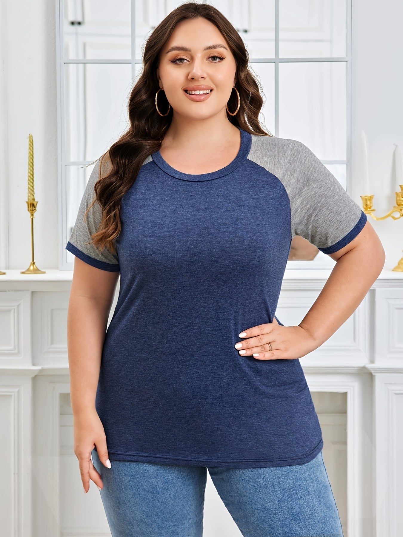 Plus Size Casual T-shirt, Women's Plus Colorblock Short Sleeve Round Neck Slight Stretch T-shirt