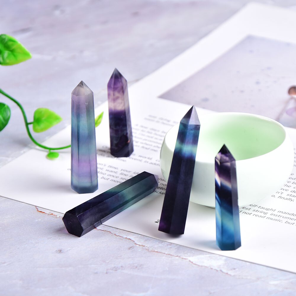 Natural Crystal Colored fluorite Point Healing Stone Hexagonal Prisms 40-80mm Obelisk Wand Treatment Stone DIY Gift 1PC