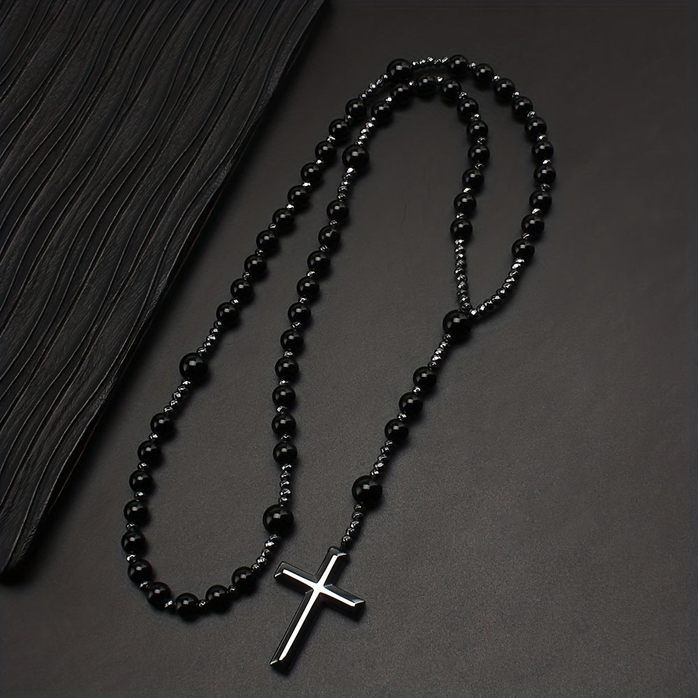 1pc Natural Stone 8mm Tiger Eye Stone Rosary Black Gallstone Cross Men's Raw Stone Necklace