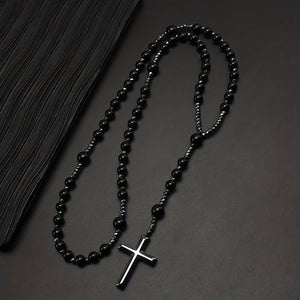 1pc Natural Stone 8mm Tiger Eye Stone Rosary Black Gallstone Cross Men's Raw Stone Necklace