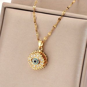 [Golden Lip Chain] Golden Stainless Steel Lip Chain Necklace - Retro Fashion Trend, Simple, Suitable for Men and Women, Couples, Street, Daily, Party, Christmas, Halloween, with Golden-plated Cubic Zirconia Round Rotating Blue Eyes and Studded Zirconia, O