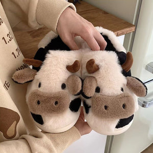 Women's Cartoon Cute Cow House Slippers, Warm Plush Lined Home Slippers, Women's Cozy Indoor Shoes