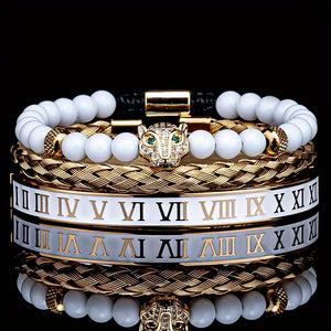 Luxury Crown Charm Golden Skull Bracelet, Stainless Steel Men's White Enamel Roman Numerals Bangle Fashion Jewelry