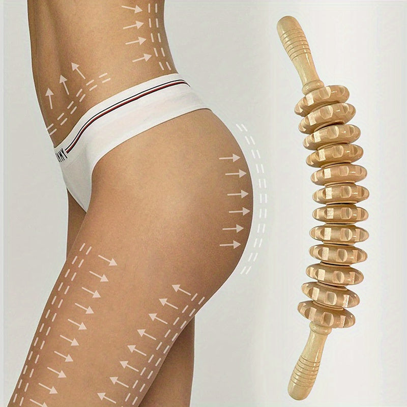 Wooden Curved Massager Handheld Roller Stick 12 Rollers Trigger Point Manual Body Therapy Massager for Fascia Cellulite Muscle