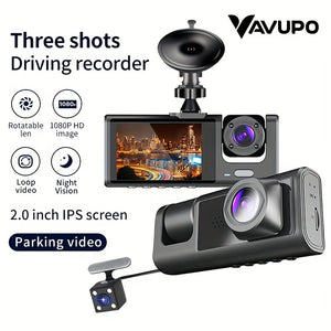 Vavupo 1080P 2&3 Channel Dash Cam for Cars - Front, Inside & Rear View with IR Night Vision, Loop Recording, Wide Angle Lens, and 5.08cm IPS Display