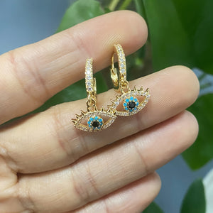 Luxurious Hip-Hop Eye Pendant Earrings with Sparkling Cubic Zirconia, 14K Gold Plated Copper - Funky Rocker Style, Ideal Gift for Men