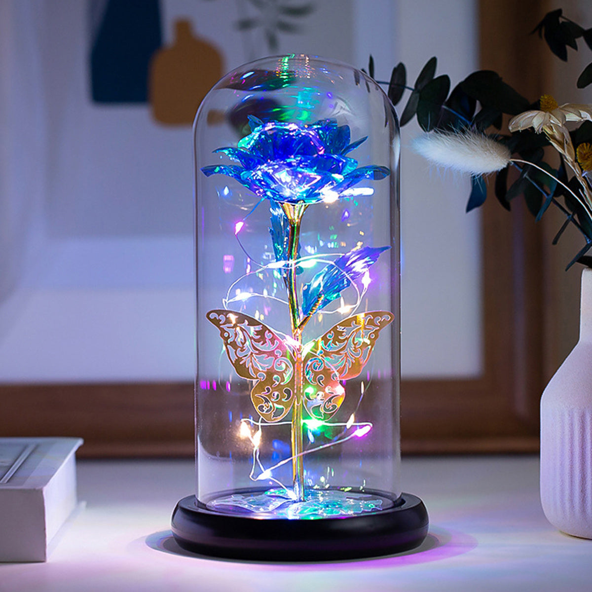 Romantic LED Rose Butterfly Lamp in Glass Dome - Perfect Home Decor and Gift for Weddings, Birthdays, Valentine's Day, and Mother's Day (Bat