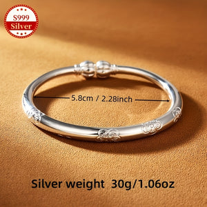 Simple Tribal Style S999 Sterling Silver Bracelet, Unplated - 999 Pure Silver Jewelry, Suitable for Women's Daily Wear & Gift Giving, Ideal