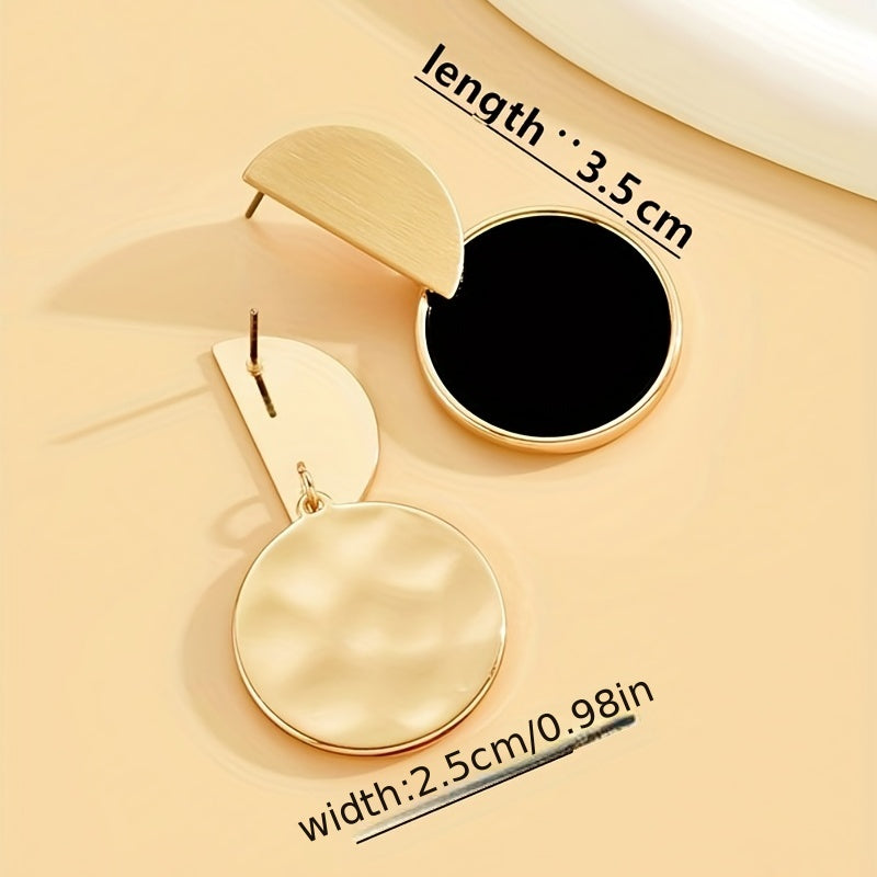 Golden Simple Splicing Black Contrast Color Round Shaped Stud Earrings Zinc Alloy Jewelry For Women Girls Daily Wear