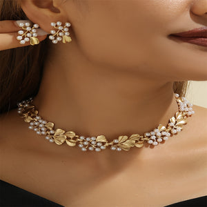 [Perfect Daily Wear Jewelry Set] [Everyday Elegance] Elegant Boho-Chic Faux Pearl & Golden Leaf Jewelry Set - Vintage-Inspired Necklace and