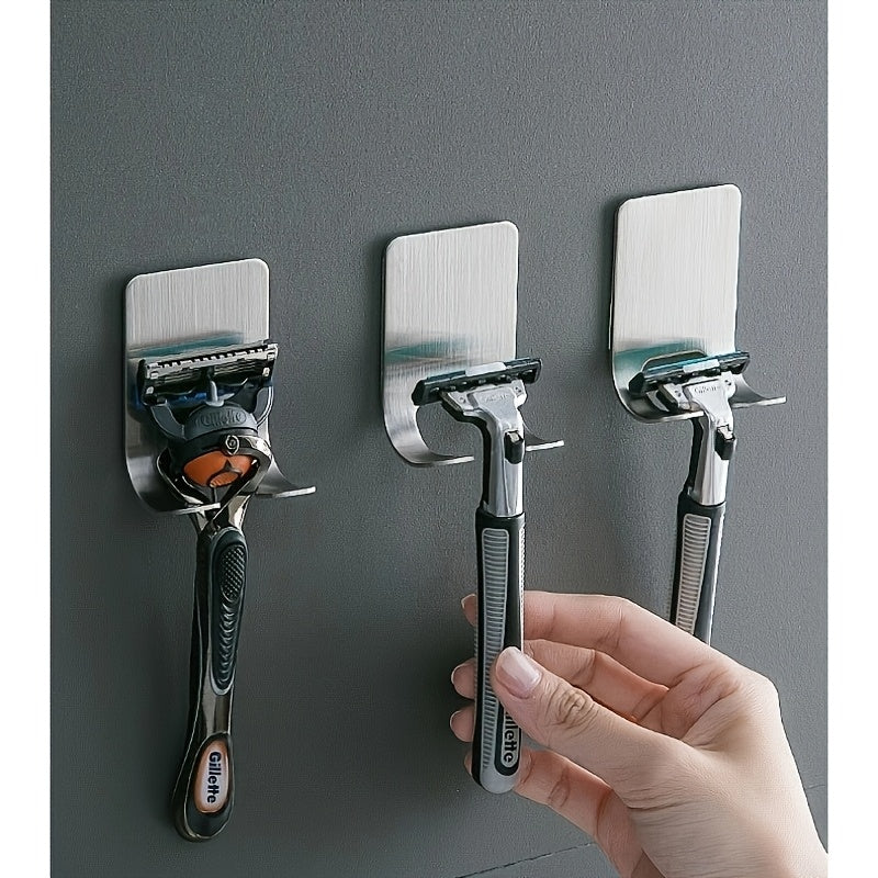 Set Of 2 Silvery Adhesive Wall Hooks, No Need To Drill Bathroom Shaver Holder, Stainless Steel Door Back Wall Hook, Bedroom Hat Hook, Bathro