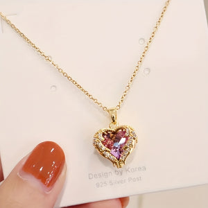 Stainless Steel Beautiful Love Heart Amethyst Golden Pendant Shiny Temperament Gift Women Jewelry Wear Everyday Christmas, Halloween  gift C