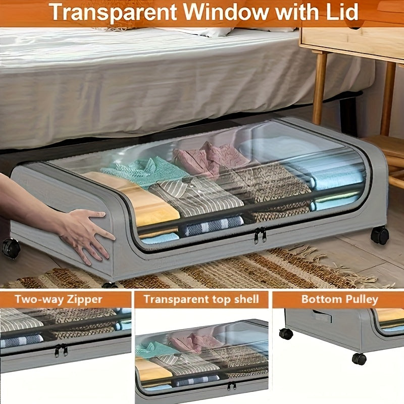 Large Capacity Under Bed Storage Organizer with Wheels and Clear Lid – Metal Rectangular Container for Clothes, Toys, Shoes, Blankets, and Books – Multi-Purpose Zippered Organizer for Efficient Home Storage, Versatile Storage Solution | Rectangular Shape