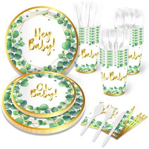 Sage Green Baby Shower Party Plates Hey Baby Gold Eucalyptus Oh Baby 68PCS Set US Local Shipping