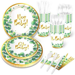 Sage Green Baby Shower Party Plates Hey Baby Gold Eucalyptus Oh Baby 68PCS Set US Local Shipping