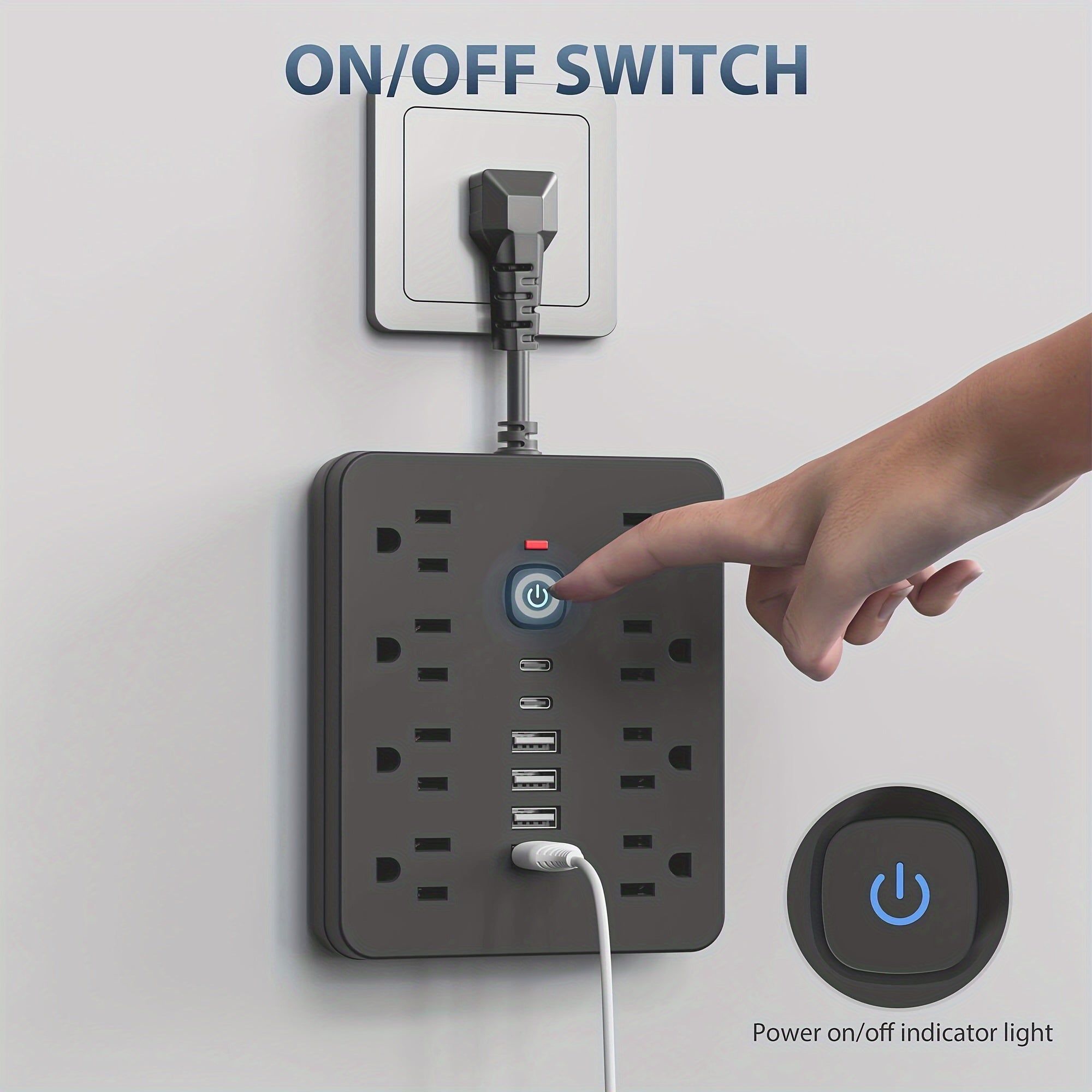 14-in-1 Power Strip with Surge Protection and One-Touch Control Switch - 4 Spacious AC Outlets with 6 USB Ports (including 2 Type-C) - Wall-