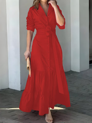 Elegant Maxi Dress with Belt and Ruched Sleeves for Women - Chic Ruffle Trim, Woven Polyester, Ideal for Spring/Fall