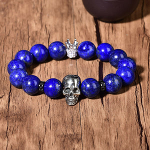 Blue Lazurite Quartz Bracelet Reiki Lapis Skull Healing Crystal Crown 14 Beads