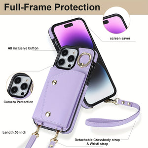 Crossbody Wallet Phone Case For IPhone 15 14 13 12 11 Pro Max X XR XS Max SE 2022 7 8 Plus,Credit Card Holder Phone Case With Strap,PU Leath