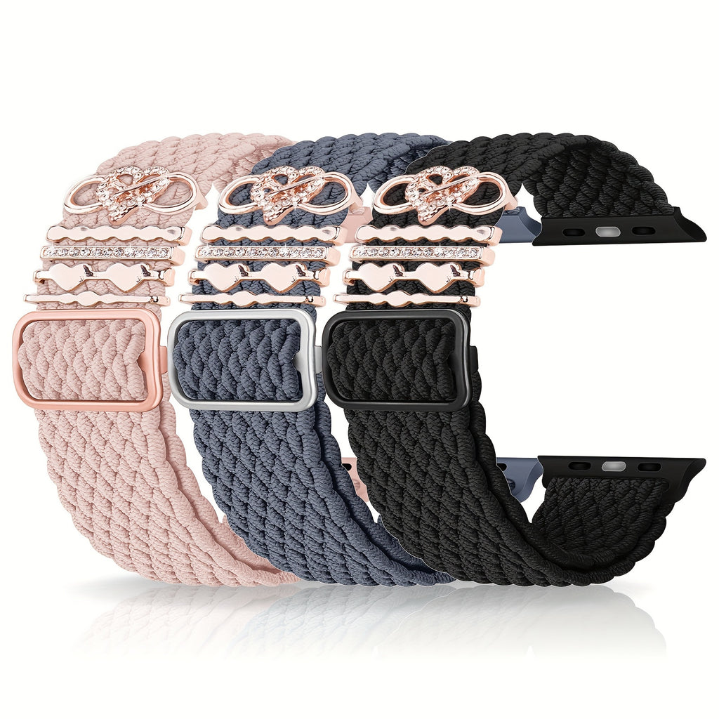 3-Pack Nylon Braided Watch Bands for Apple Watch, Waterproof, Hook & Loop Closure, with 5 Heart Charms, Smartwatch Accessories