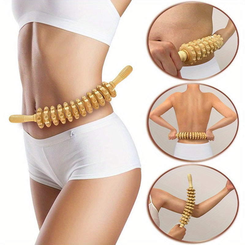 Wooden Curved Massager Handheld Roller Stick 12 Rollers Trigger Point Manual Body Therapy Massager for Fascia Cellulite Muscle