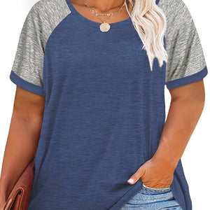 Plus Size Casual T-shirt, Women's Plus Colorblock Short Sleeve Round Neck Slight Stretch T-shirt