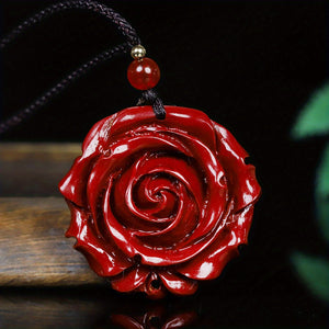 Natural Cinnabar Double Sided Carved Rose Necklace Pendant Good Luck Necklace