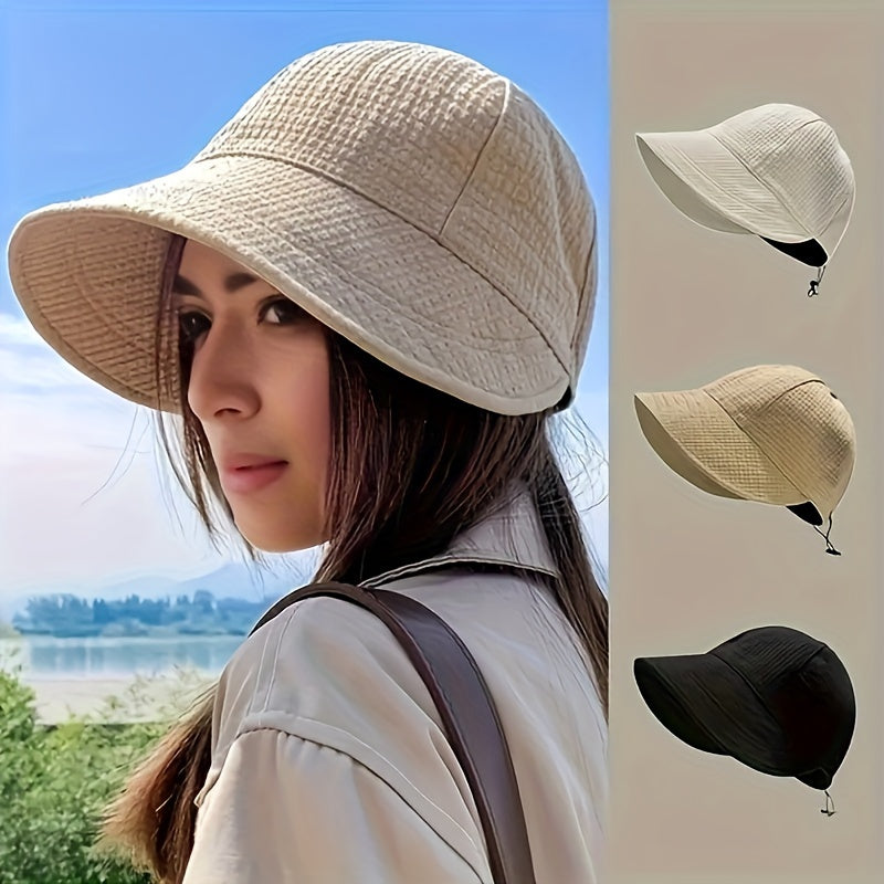 2pcs Women's Wide Brim Sun Hats - UPF 50+ UV Protection, Adjustable Drawstring & Foldable Ponytail Design for Hiking, Fishing, and Beach Outings, Breathable Polyester in Assorted Colors (Beige, Light Brown, Dark Brown, Black), Hiking Hat
