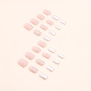 24pcs Sweet Fake Nails, Tender Pink Press On Nails With Snowflake Sequin Glue On Nails, Full Cover Short Square False Nails For Women Girls