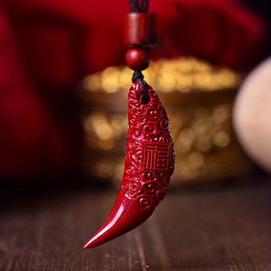 Raw Ore Cinnabar Dragon Tooth Pendant Fu Word Cloud Pattern Male And Female Models Wolf Tooth Pendant Can Be Easily Solved Buddha Necklace R