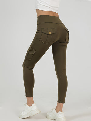 Single Piece Women's High Waisted Yoga Leggings with Pockets - Elastic Running And Sports Leggings, Button Design, Solid Color (black, Navy Green), Practical Flip Pocket, Comfortable Polyester Blend Fabric