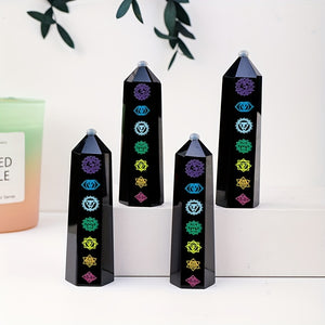 Black Obsidian Seven Main Chakras Symbolic Crystal Tower Healing Crystal The Seven Chakras Wand For Spiritual Use Hexagonal Point Reiki Chakra Gemsone Home Office Decoration