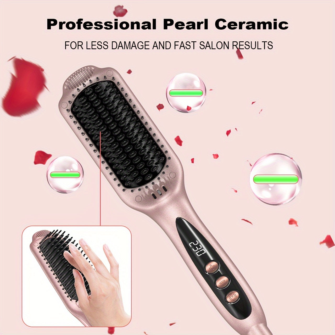 LANDOT Hair Straightener Brush Heated Straightening Brush: Rose Golden Negative Ion Hot Hair Brush For Smooth Frizz Free Hair - Ceramic Flat