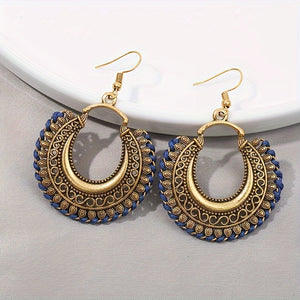 Vintage Round Shape Carved Pattern Dangle Earrings Retro Bohemian Style Alloy Jewelry Delicate Female Gift