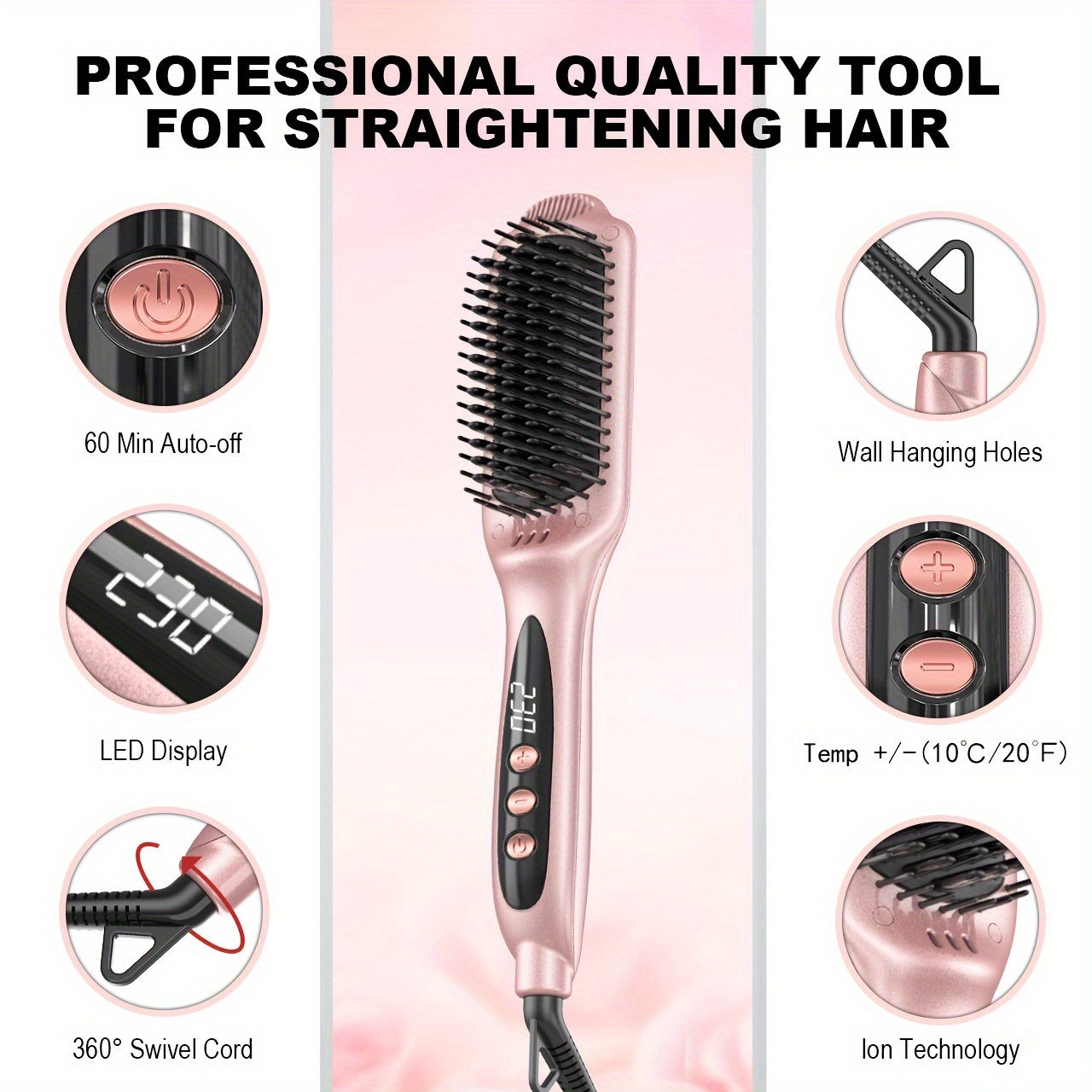 LANDOT Hair Straightener Brush Heated Straightening Brush: Rose Golden Negative Ion Hot Hair Brush For Smooth Frizz Free Hair - Ceramic Flat