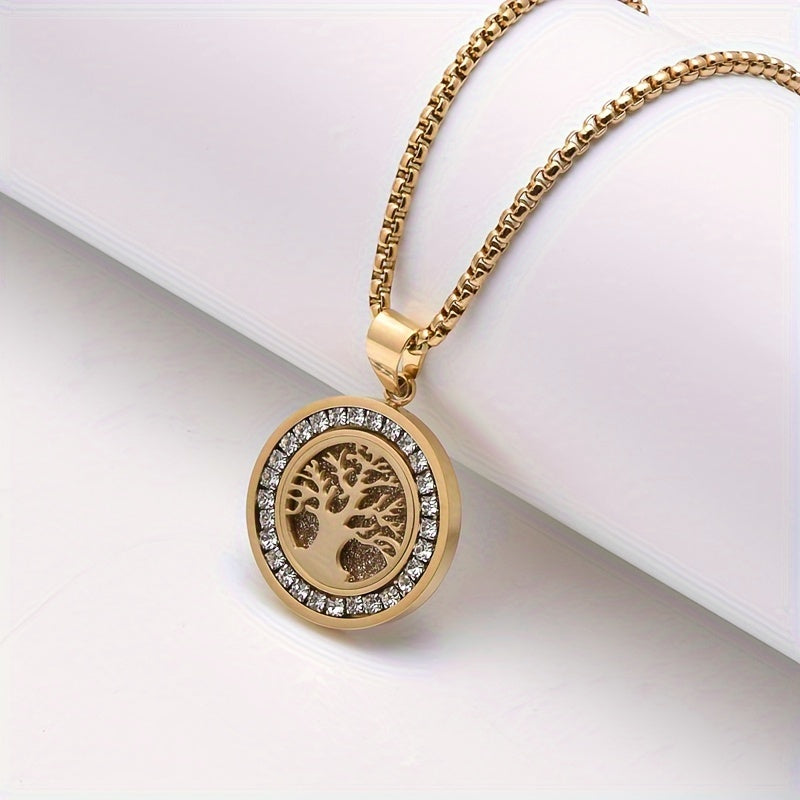 1pc Retro Sacred Tree Of Life Pendant Necklace, Stainless Steel Inlaid Zirconia Men's Necklace Suitable for Daily Wear