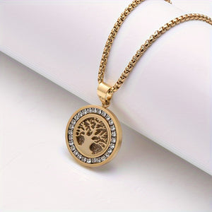 1pc Retro Sacred Tree Of Life Pendant Necklace, Stainless Steel Inlaid Zirconia Men's Necklace Suitable for Daily Wear