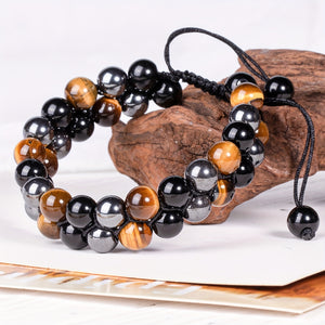 Triple Protection Bracelet, Tiger Eye Stone Hematite And Black Obsidian Natural Stone Beads 8mm Bracelets For Men