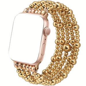 Beaded Bracelet Compatible with Apple Watch Band 4lmm 40mm 38mm Women,Stainless Steel Golden & Silvery Beads, Cute Handmade Elastic Stretch Strap for iWatch Series SE 10 9 8 7 6 5 4 3 2 1