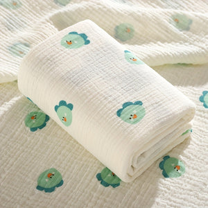 Soft Foldable Swaddle Blanket for Newborns - White with Green Elephant & Umbrella Print, Light Beige-Friendly Cotton, Perfect for Bath Time & Cuddling, Baby Blanket, Newborn Care, Playful Print, Wrinkly Texture
