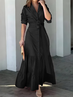 Elegant Maxi Dress with Belt and Ruched Sleeves for Women - Chic Ruffle Trim, Woven Polyester, Ideal for Spring/Fall