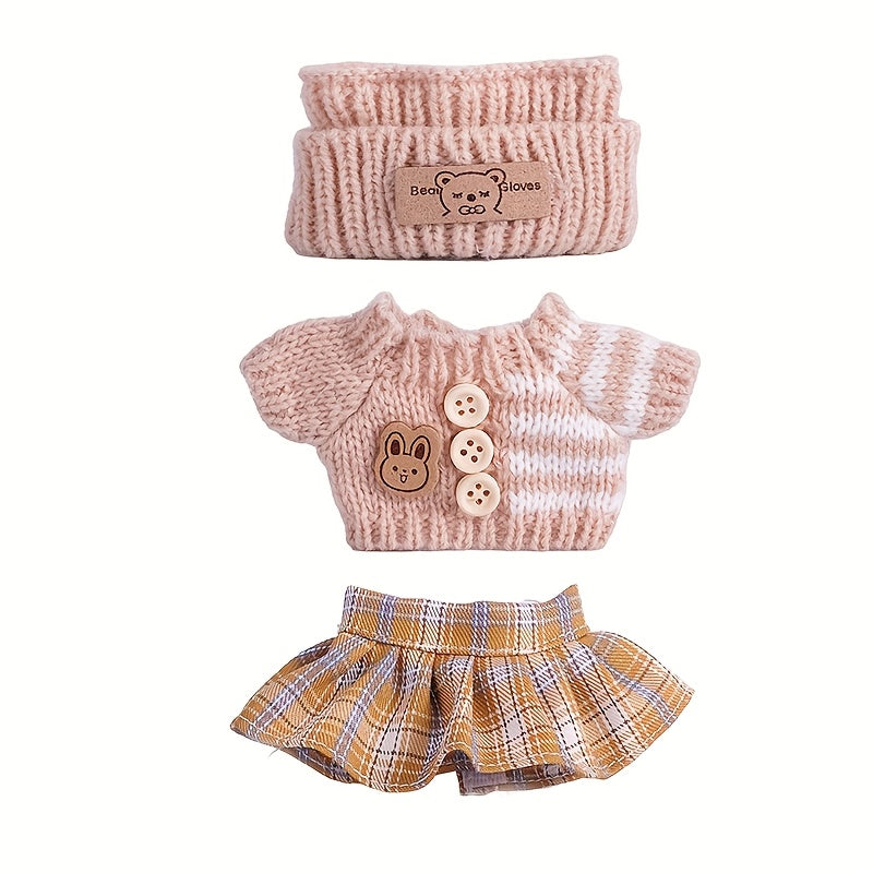 17cm Labubu Doll Clothes For With 3 Outfits - Stylish Fisherman Hat & Sweaters & Pants Or Skirt Set For 17cm Dolls, Adorable BuLabu Accessories For Play & Display (Not Included Shoes & Doll)