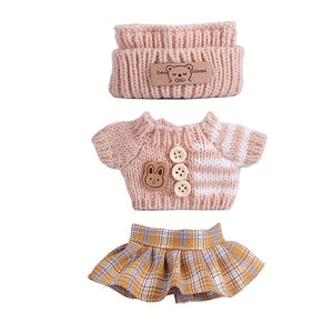 17cm Labubu Doll Clothes For With 3 Outfits - Stylish Fisherman Hat & Sweaters & Pants Or Skirt Set For 17cm Dolls, Adorable BuLabu Accessories For Play & Display (Not Included Shoes & Doll)