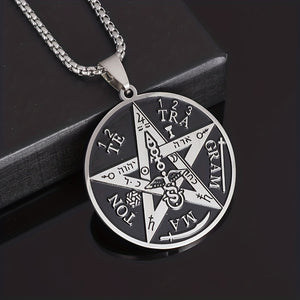 1pc Stainless Steel Angel Amulet Disc Pentagram Seal Label Symbol Graphic Pendant Necklace, Trendy Amulet Jewelry For Men And Women