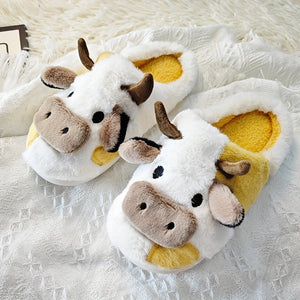 Women's Cartoon Cute Cow House Slippers, Warm Plush Lined Home Slippers, Women's Cozy Indoor Shoes