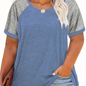 Plus Size Casual T-shirt, Women's Plus Colorblock Short Sleeve Round Neck Slight Stretch T-shirt