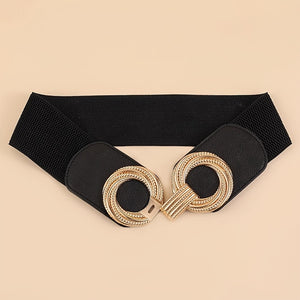 Double Swirl Ring Buckle Wide Belt Solid Color Elastic Waistband Trendy Dress Coat Girdle For Women Girls