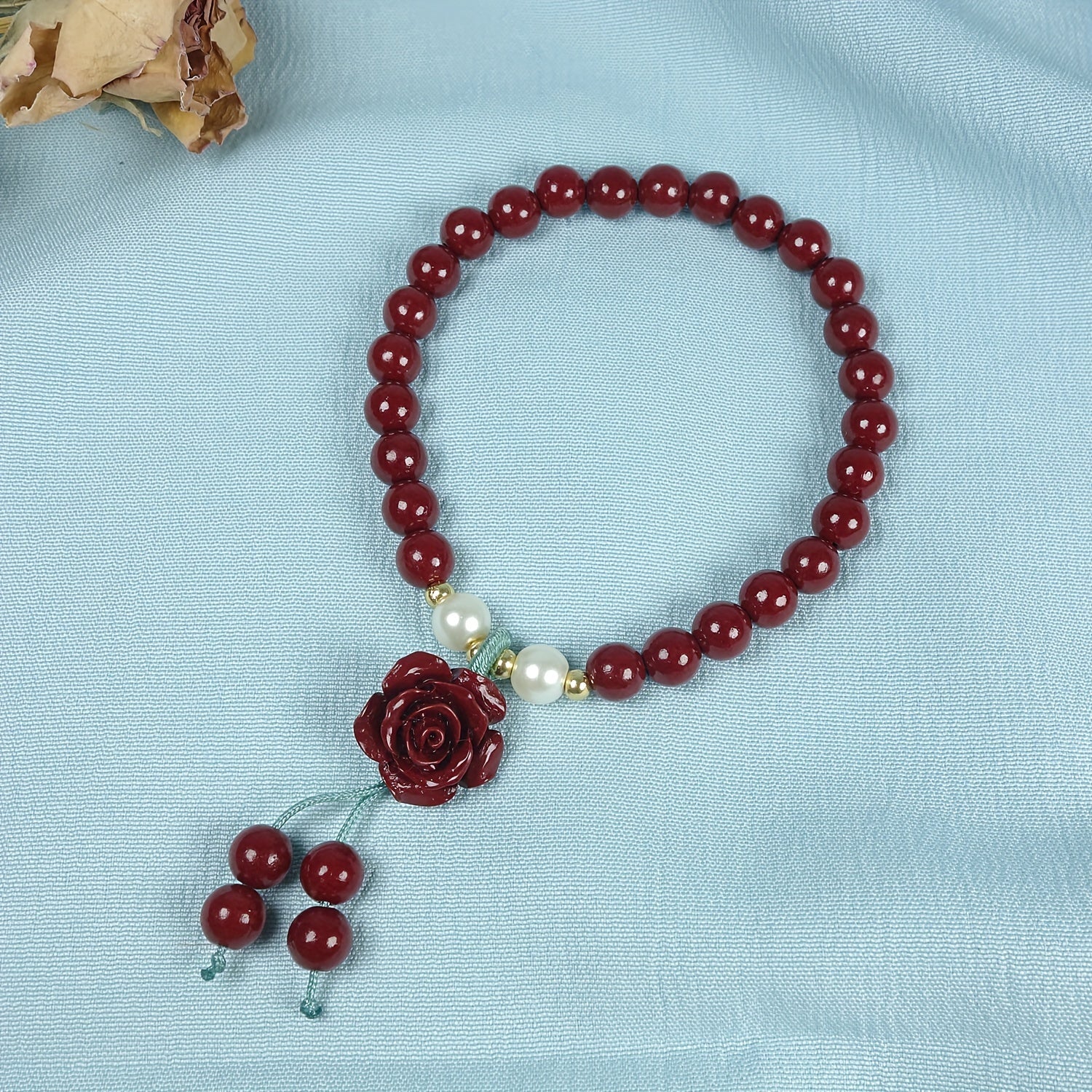 1pc Cinnabar Beads Bracelet, Good Luck Attracts Wealth Best Gift, Rose Pendant Elegant Charm Bracelet For Men Women