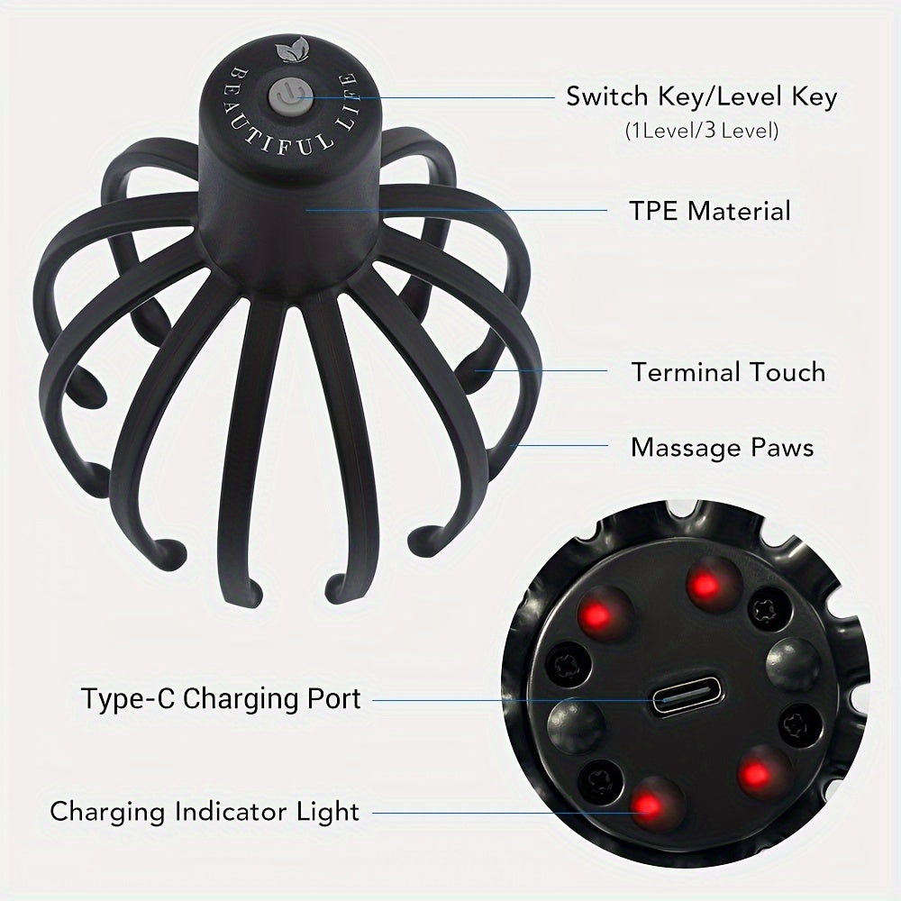 Professional Electric Claw Massager, 3-Level Intensity, USB Rechargeable Lithium Battery, Unscented, for Head Massage - Black