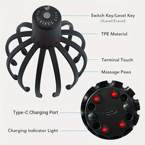 Professional Electric Claw Massager, 3-Level Intensity, USB Rechargeable Lithium Battery, Unscented, for Head Massage - Black